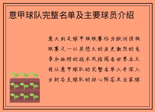 意甲球队完整名单及主要球员介绍