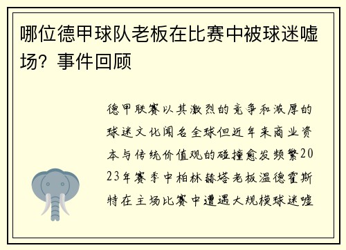 哪位德甲球队老板在比赛中被球迷嘘场?事件回顾